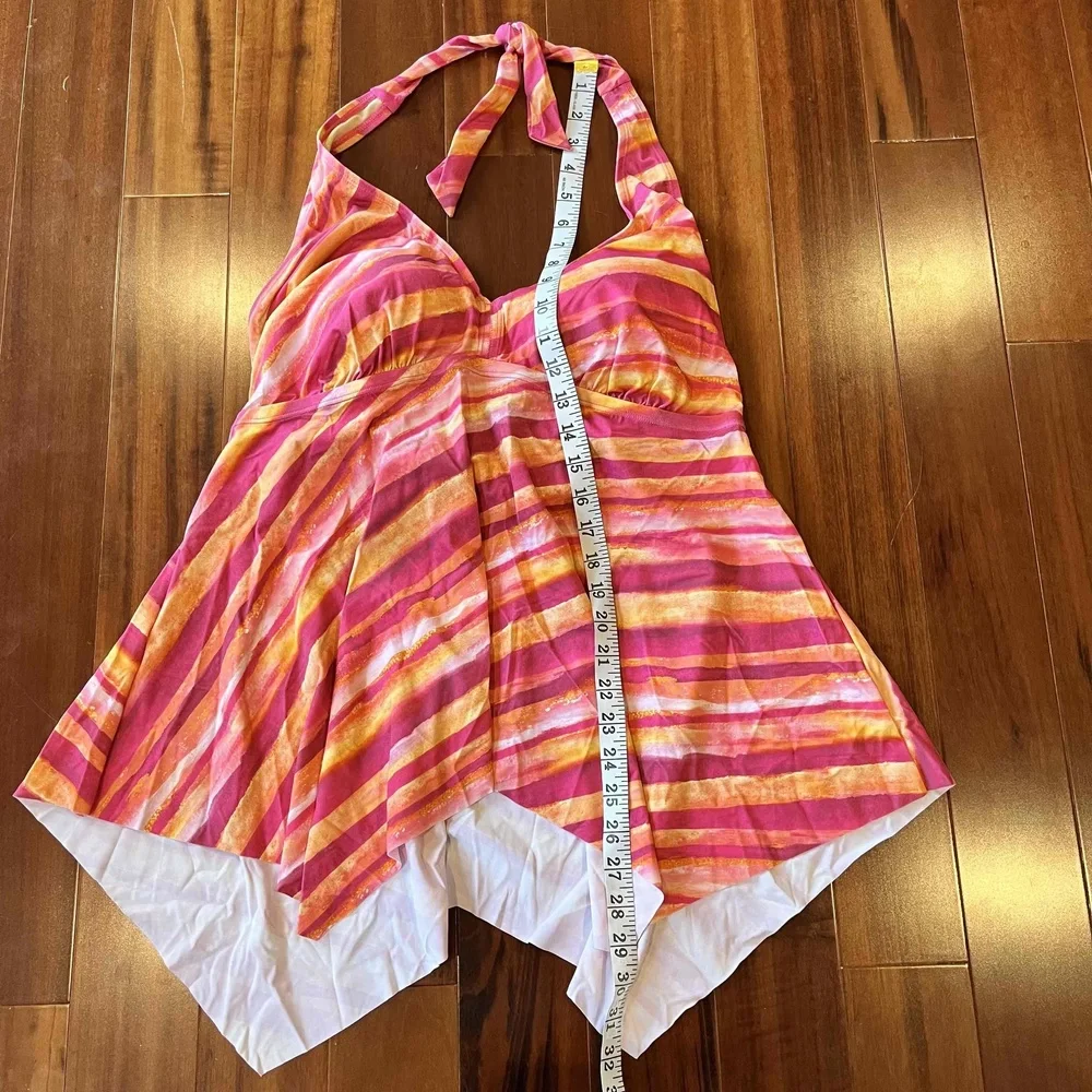 New NWOT‎ Kim Gravel QVC Pink Swimwear Halter Neck Striped Pattern Tankini Sz 18